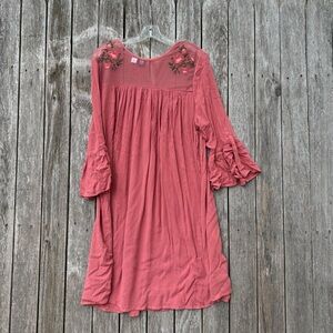Boho Shift Dress Sheer Yoke XL Bell Sleeves Floral Embroidery Route 66